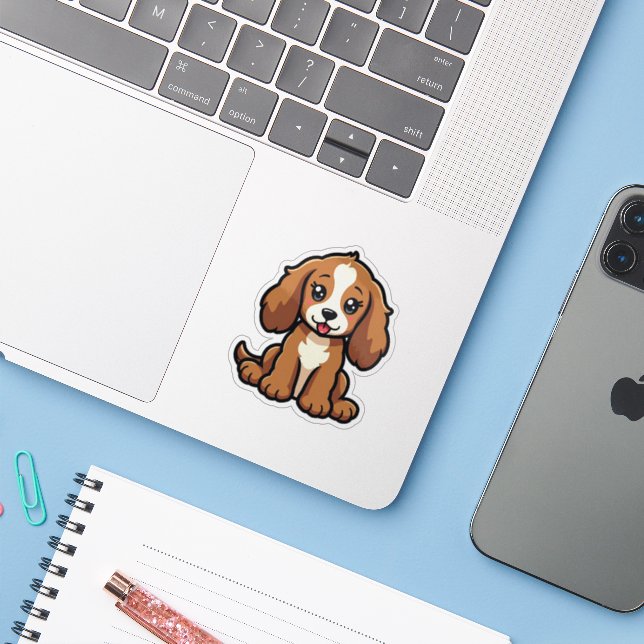 Sticker Chien Kawaii Cocker Spaniel – Pose Endormie (Ordinateur portable avec iPhone)