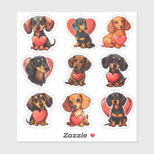 Sticker Chien Valentine Dachshund ensemble de 9 autocollan (Feuille)