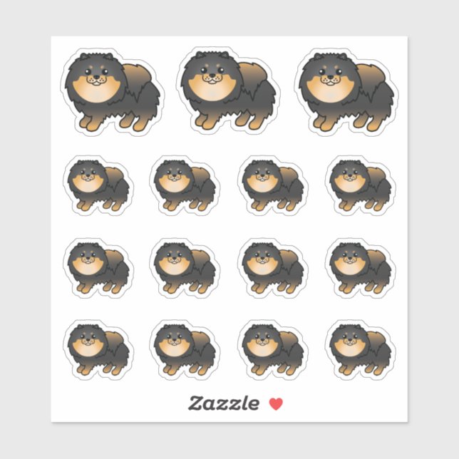 Sticker Chiens De Cartoon Noir Et Tan Poméranien (Feuille)