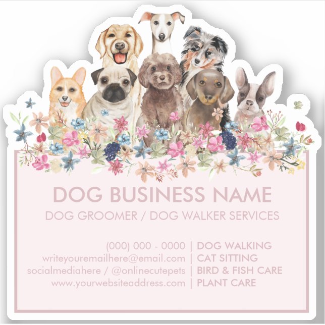 Sticker Chiens Fleurs Roses Vides Rectangle rose (Devant)