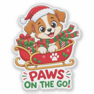 Sticker Chiot de Noël mignon dans un traîneau