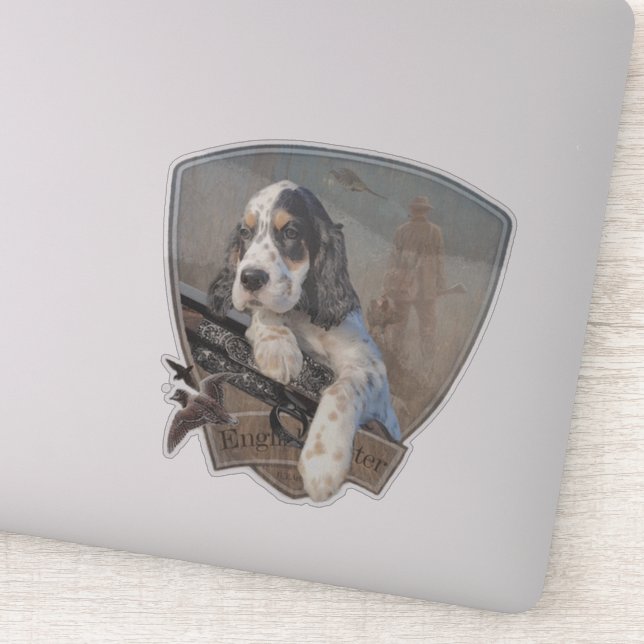 Sticker Chiot de Setter anglais avec fusil de chasse class (Détail)
