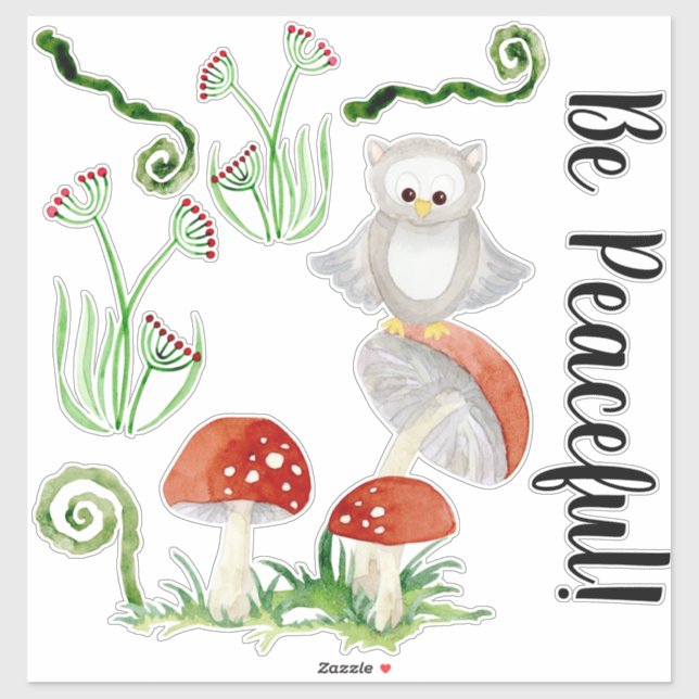 Sticker Chouette des bois Aquarelle florale Soyez paisible (Feuille)