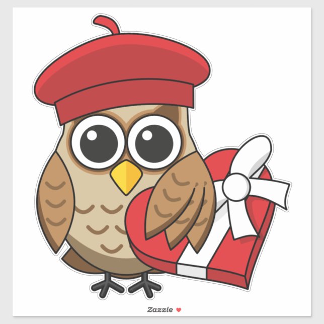 Sticker Chouette mignonne avec béret rouge et boîte cardia (Feuille)