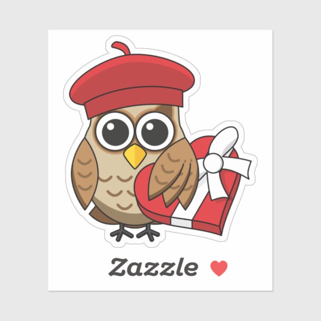 Sticker Chouette mignonne avec béret rouge et boîte cardia (Feuille)