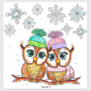 Sticker Chouette mignonne Couple et Snowflakes