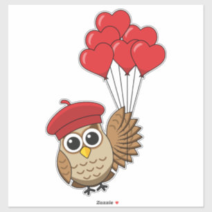 Sticker Chouette mignonne volant avec des ballons de coeur