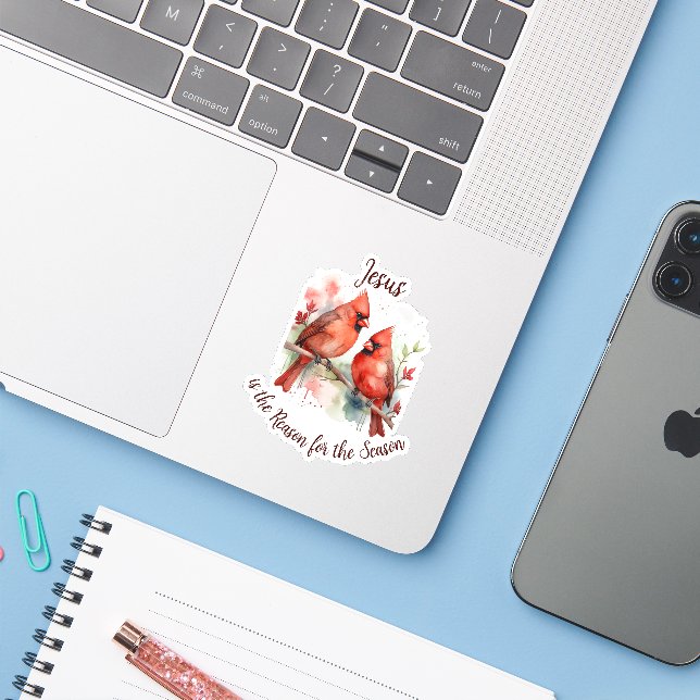 Sticker Christmas Red Cardinal Jesus Reason for Season (Ordinateur portable avec iPhone)