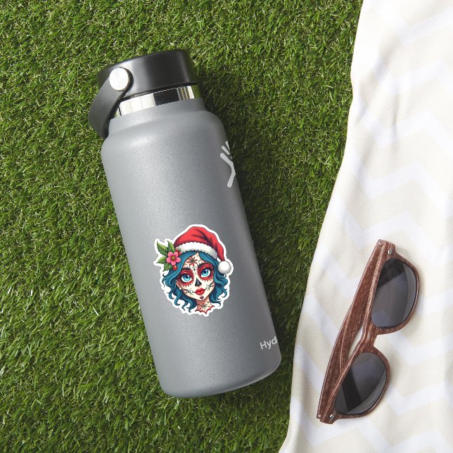 Sticker Christmas Sugar Skull Art Woman Santa Hat Festive  (HydroFlask Insitu)
