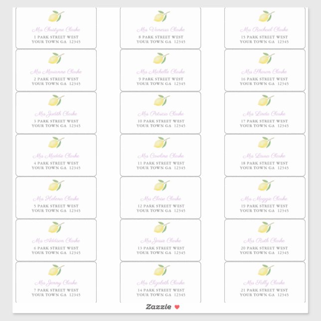 Sticker Citrons Lavender Charcoal Enveloppe Invité Adresse (Feuille)