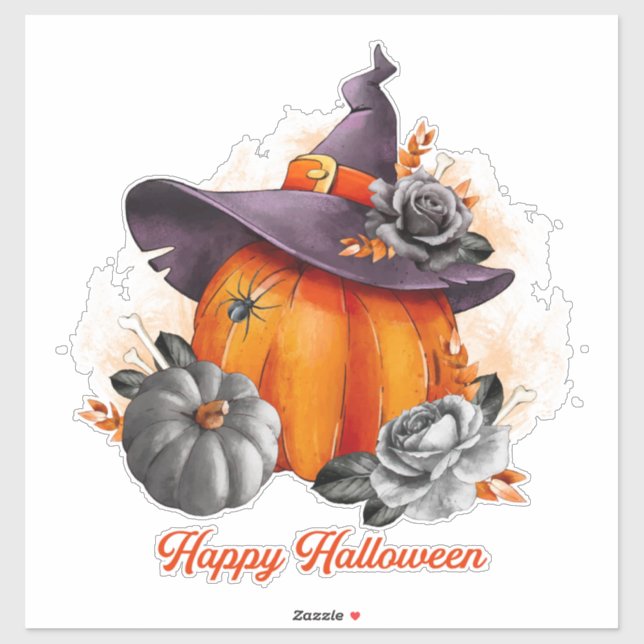 Sticker Citrouille d'Halloween, sorcière Casquette, Roses  (Feuille)