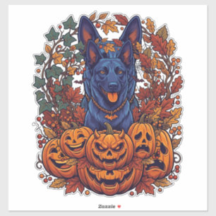 Sticker Citrouilles d'Halloween Pitbull Bleu Feuilles d'Au