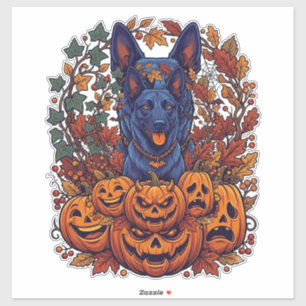Sticker Citrouilles d'Halloween Pitbull Bleu Feuilles d'Au