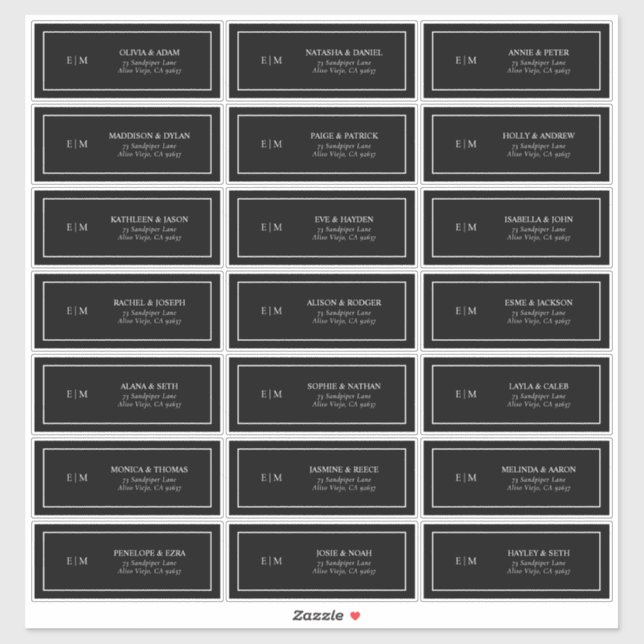 Sticker Classic Black & White Monogram Adresse d'invité (Feuille)