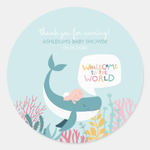 Sticker classique rond Baby shower à baleine