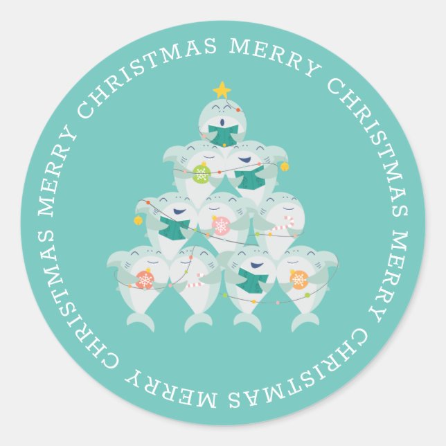 Sticker classique rond pour requin mignon Noël Arb (Devant)