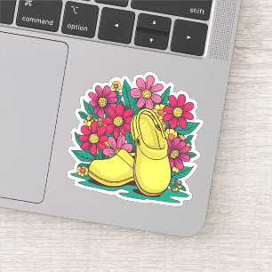 Sticker Clogs de soins infirmiers jaunes rétro avec fleurs