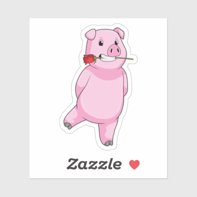 Sticker Cochon avec fleur Rose (Feuille)
