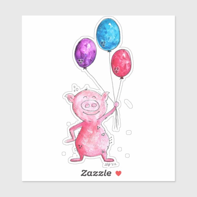 Sticker Cochon rose géant avec ballons (Feuille)