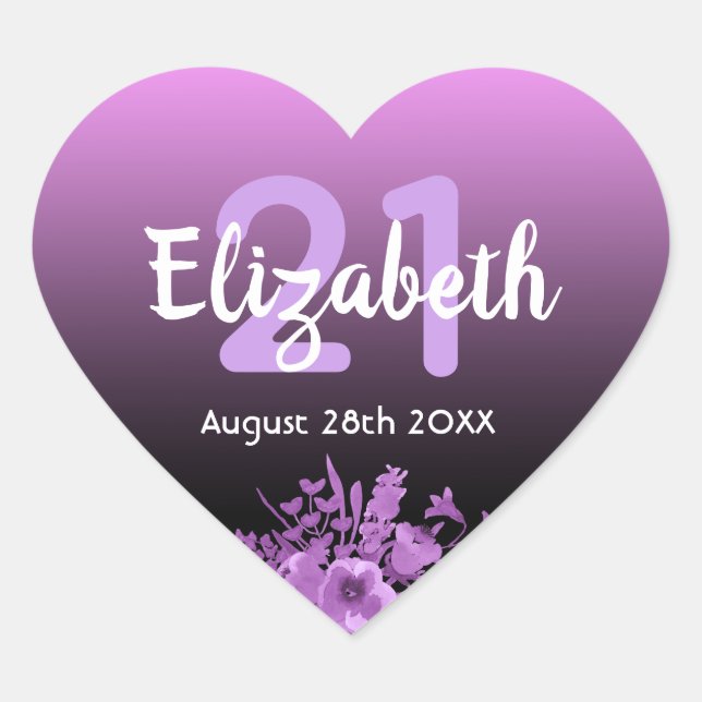 Sticker Cœur 21e anniversaire violet et noir avec fleurs (Devant)