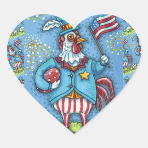 Sticker Cœur 4 juillet ROOSTER, FUNNY PATRIOTIC POULET