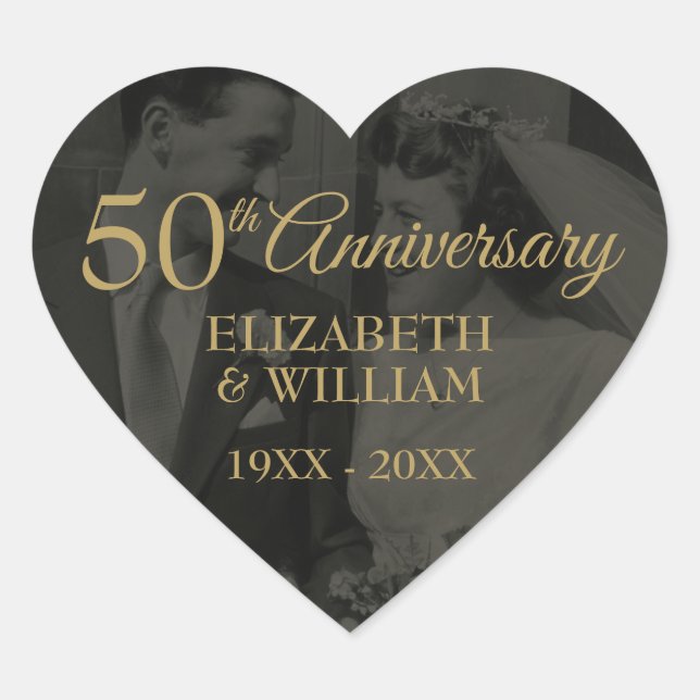 Sticker Cœur 50e anniversaire de Mariage Photo Gold Texte (Devant)