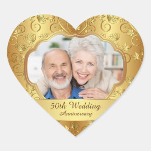 Sticker Cœur 50ème anniversaire de Mariage à fleurs dorées