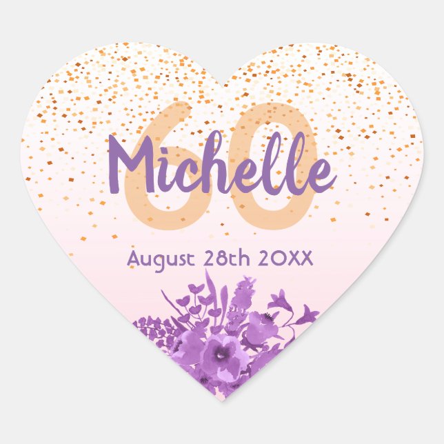 Sticker Cœur 60e anniversaire blush rose or violet fleuri (Devant)