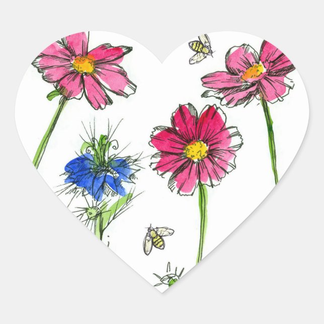 Sticker Cœur Abeilles de miel Nigella Cosmos rose Aquarelle Fle (Devant)