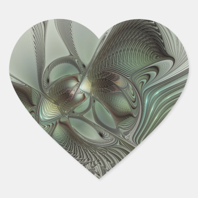 Sticker Cœur Abstrait Olive Sage Vert Gris Art Fractal Fantaisi (Devant)