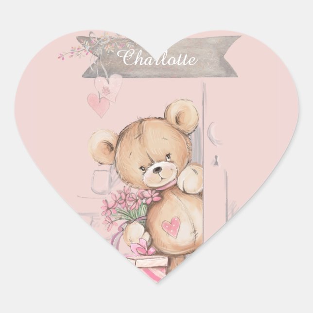 Sticker Cœur Adorable aquarelle Teddy Bear Baby shower Carré (Devant)