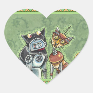 Sticker Cœur ADORABLE ROBOT BULLDOG & FELINE AMI Drôle