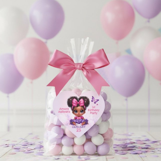 Sticker Cœur Afro Puff Baby Girl Rose/Purple Papillon Anniversa (The Sweet One 1st Birthday Heart Sticker featuring adorable Afro puff baby girl)
