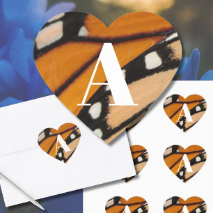 Sticker Cœur Aile papillon monarque initiale orange et noir