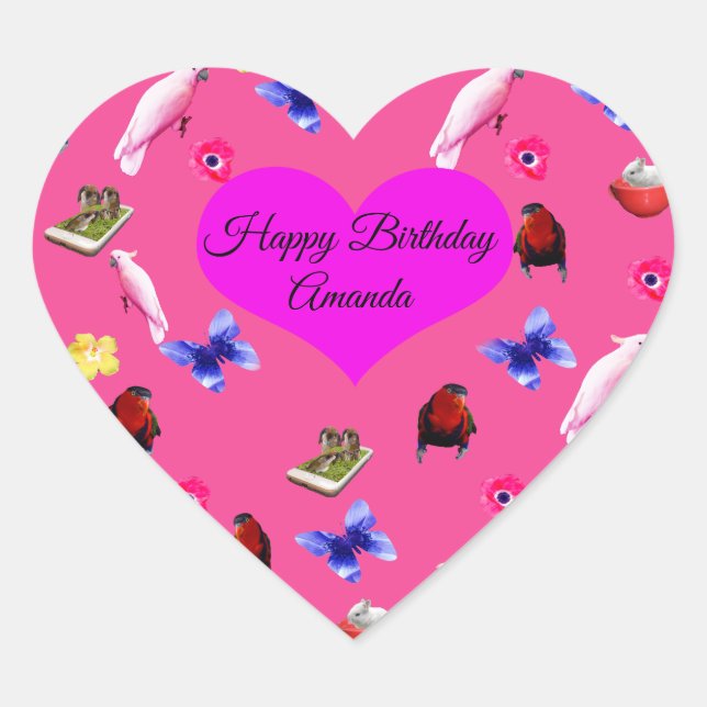 Sticker Cœur Amanda, Bon Logo D'Anniversaire Avec Papillons, (Devant)