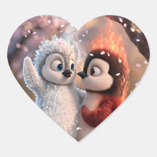 Sticker Cœur Amber & Frosty Mignon Manchot Fire et Ice Autocoll