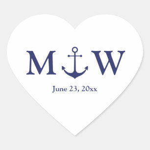 Sticker Cœur ancre nautique mariage marine bleu blanc monogramm