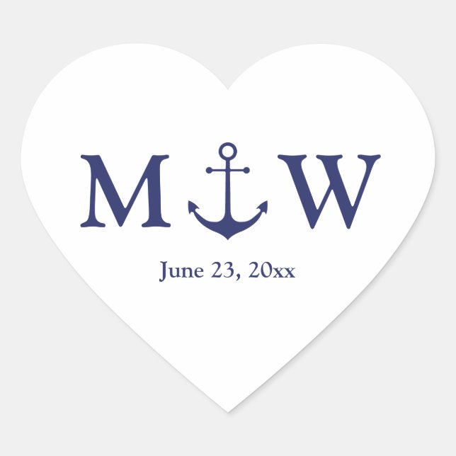 Sticker Cœur ancre nautique mariage marine bleu blanc monogramm (Devant)