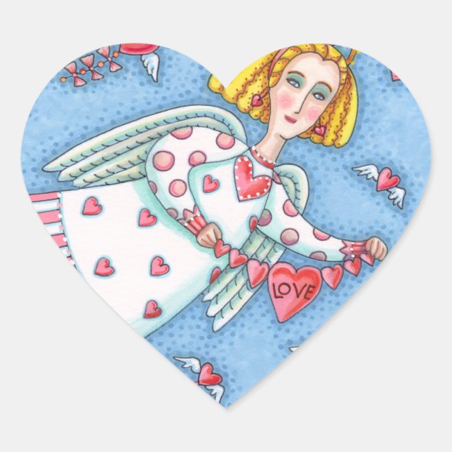 STICKER CŒUR ANGE D'ART FOLK, CHAT ET COEURS DE VOL (Devant)