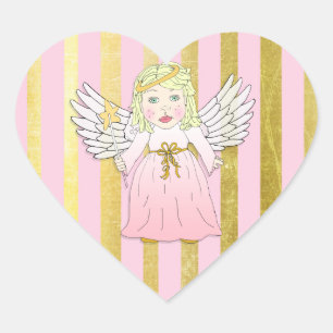 Sticker Cœur Ange de Noël rose et or