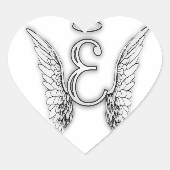Sticker Cœur Angel Alphabet E Initiale Dernière Ailes Halo (Devant)