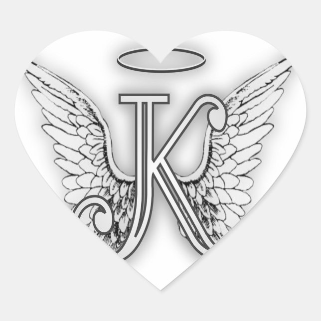 Sticker Cœur Angel Alphabet K Lettre initiale Ailes Halo (Devant)