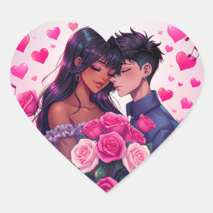 Sticker Cœur Anime Bi-raciale mignonne Saint Valentin