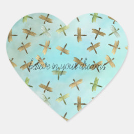 Sticker Cœur Aqua Mint Gold Dragonfly Croire en Dreams