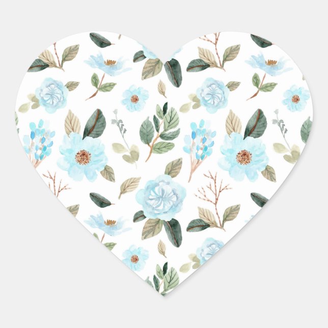 Sticker Cœur Aquarelle bleu vert Floral (Devant)