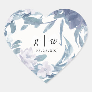 Sticker Cœur Aquarelle bleue Florale avec Monogramme Mariage Da