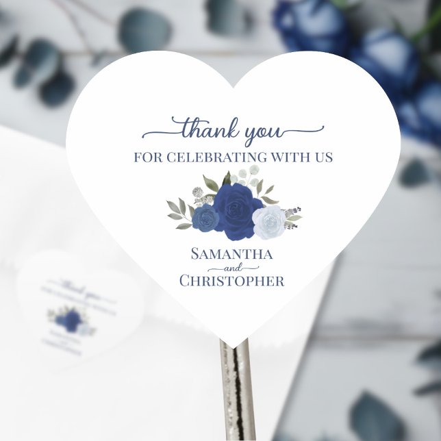 Sticker Cœur Aquarelle bleue Roses Merci de mariage élégant (Créateur téléchargé)