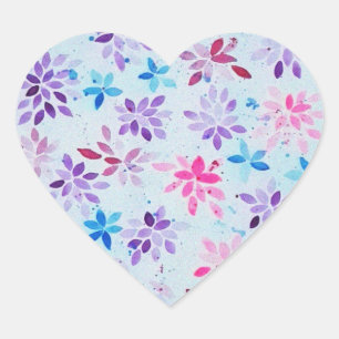 Sticker Cœur Aquarelle Fantaisiste Fleurs Roses et Violettes