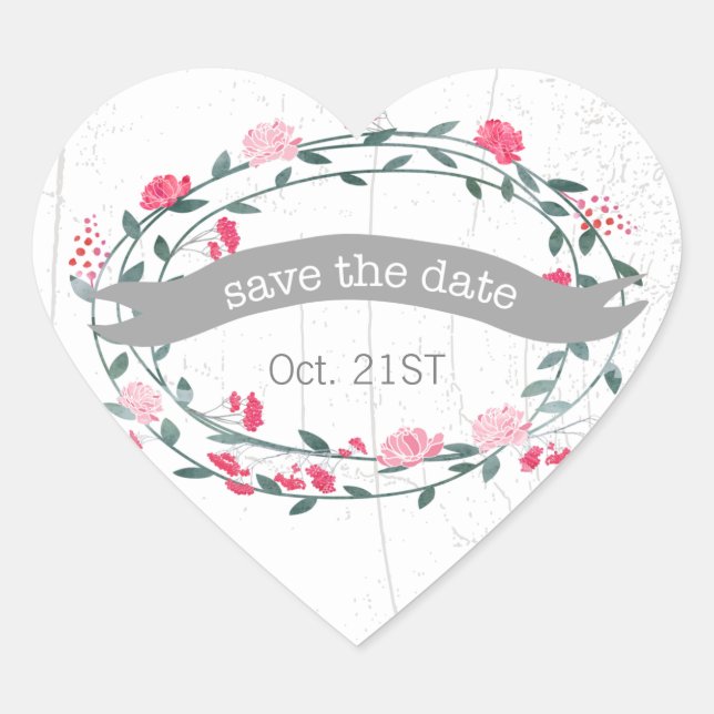 Sticker Cœur Aquarelle Mariage rose et vert (Devant)