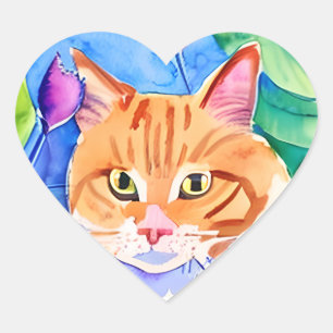 Sticker Cœur Aquarelle mignonne Chat orange et jolies fleurs